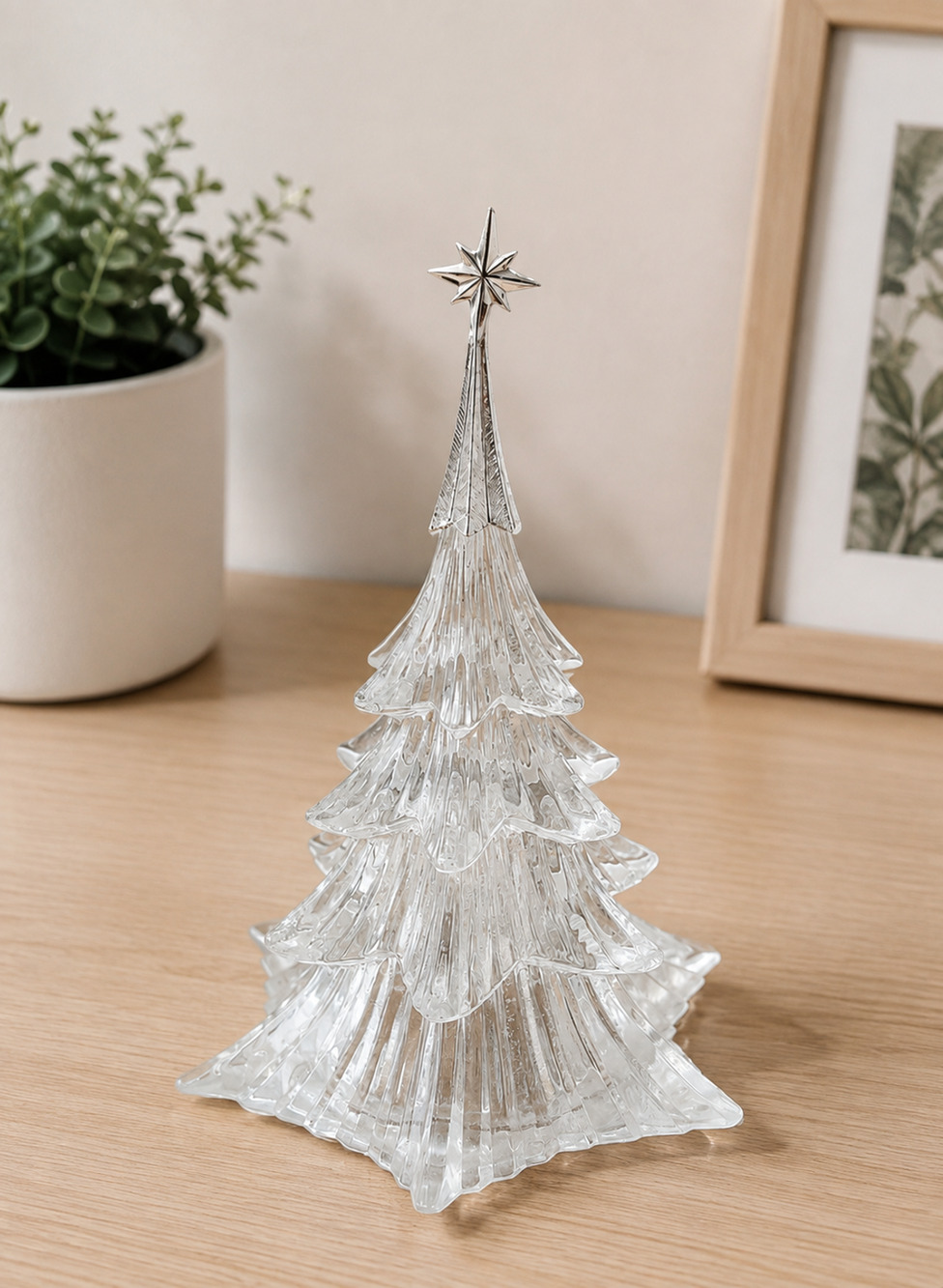 Elegant Glass Christmas Tree Figurine Holiday Tabletop Decor Silver Star